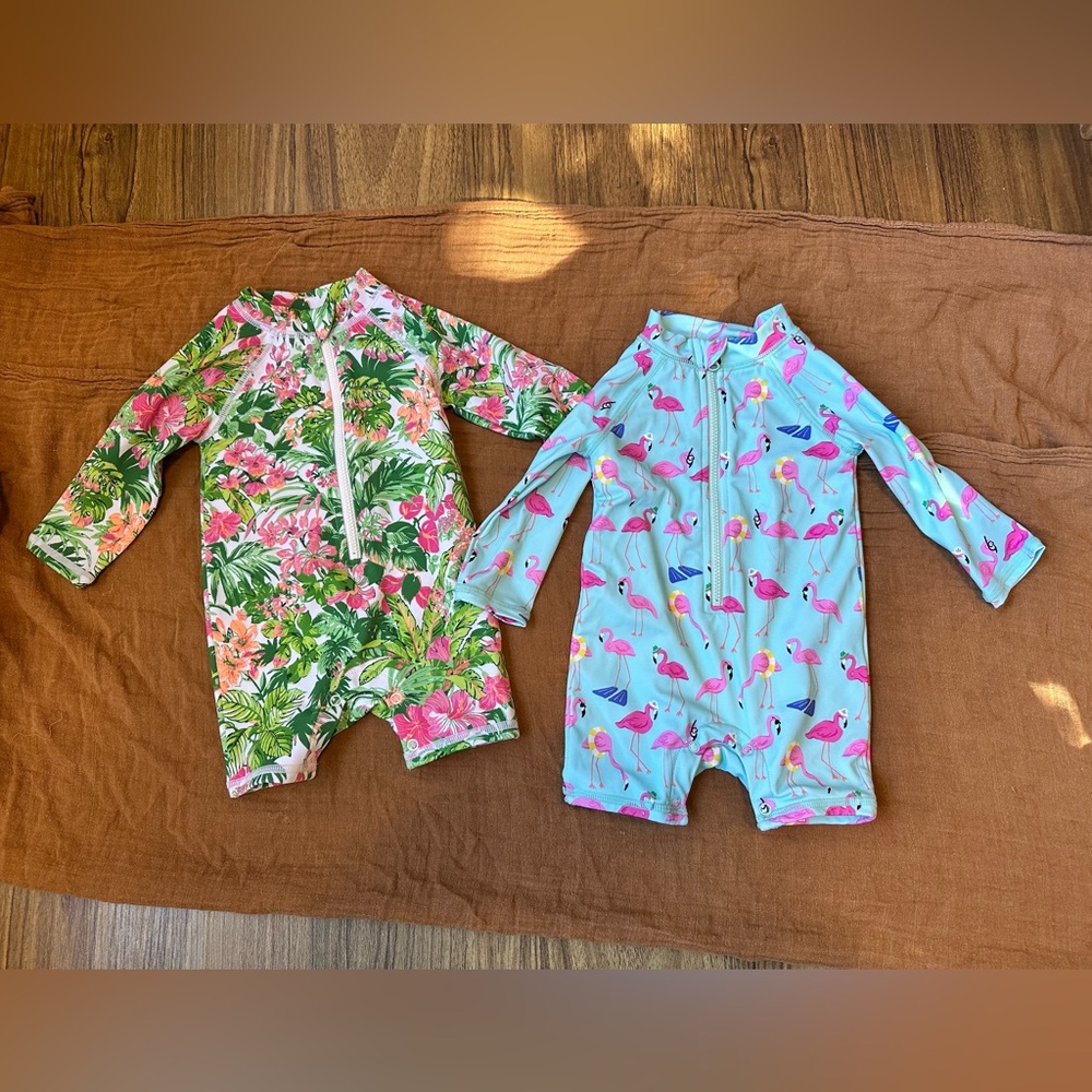 Janie and Jack Tropical and Flamingo Swim Rompers